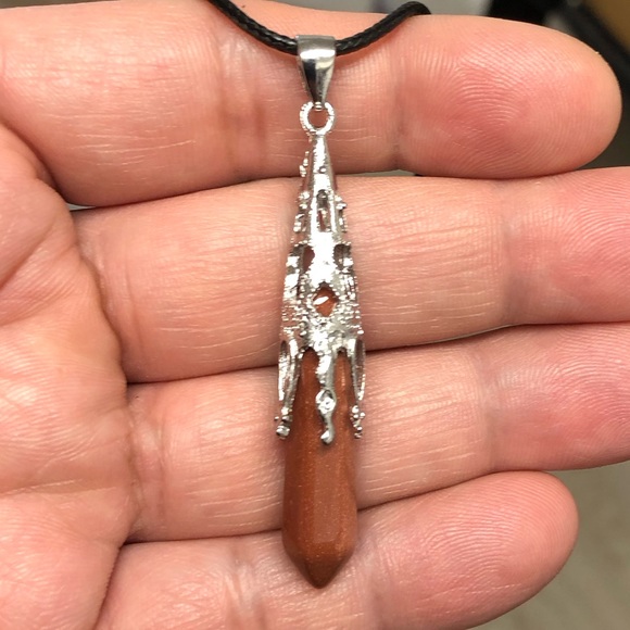 Gold Sandstone Natural Stone Hexagonal Prism Pyramid Pendant Gemstone Necklace - Picture 3 of 4